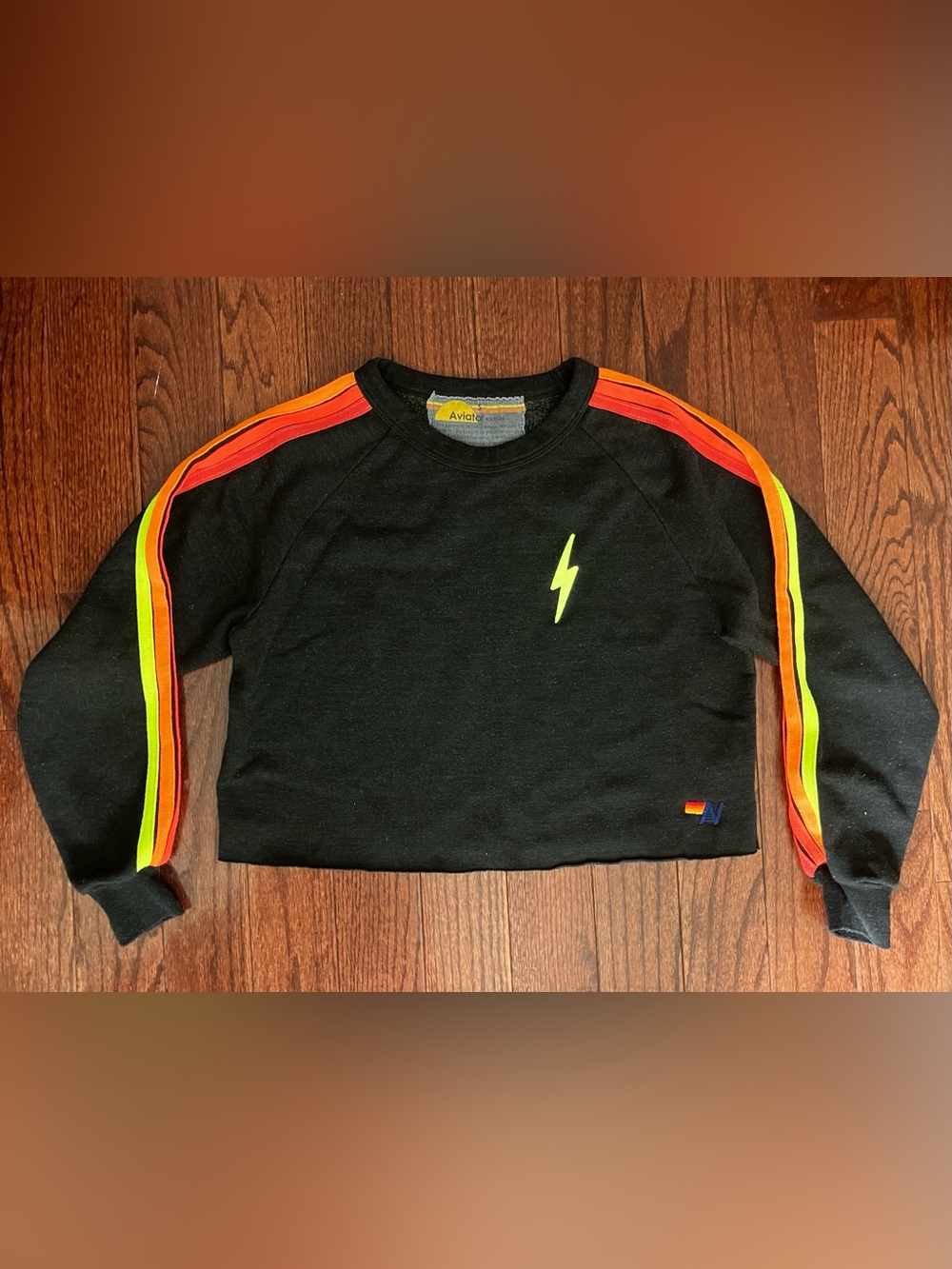 Aviator Nation Black Cropped Sweatshirt with Neon Yellow Lightning & Stripes